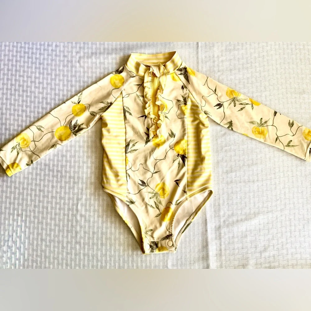 Jessica Simpson Toddler Girl Lemon Print Ruffle Rash Guard‎ Swimsuit Yellow 24M